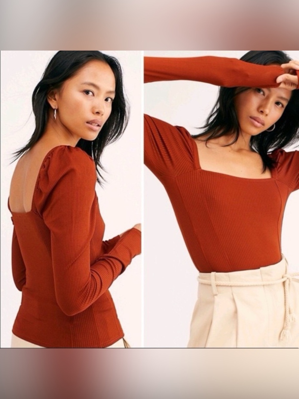 Free People It Girl Square Neck Puff Sleeve Top Long Sleeve Ribbed Rust Orange